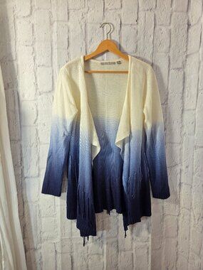 Valerie Stevens Medium White Blue Ombre Fringe Open Waterfall Front Cardigan